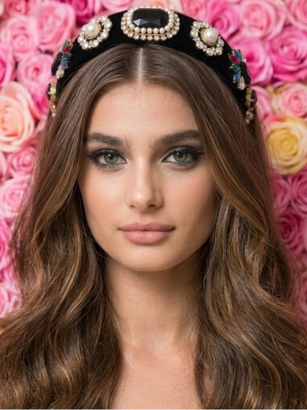 Black Velvet Jeweled Headband with Pearl and Gem Accents